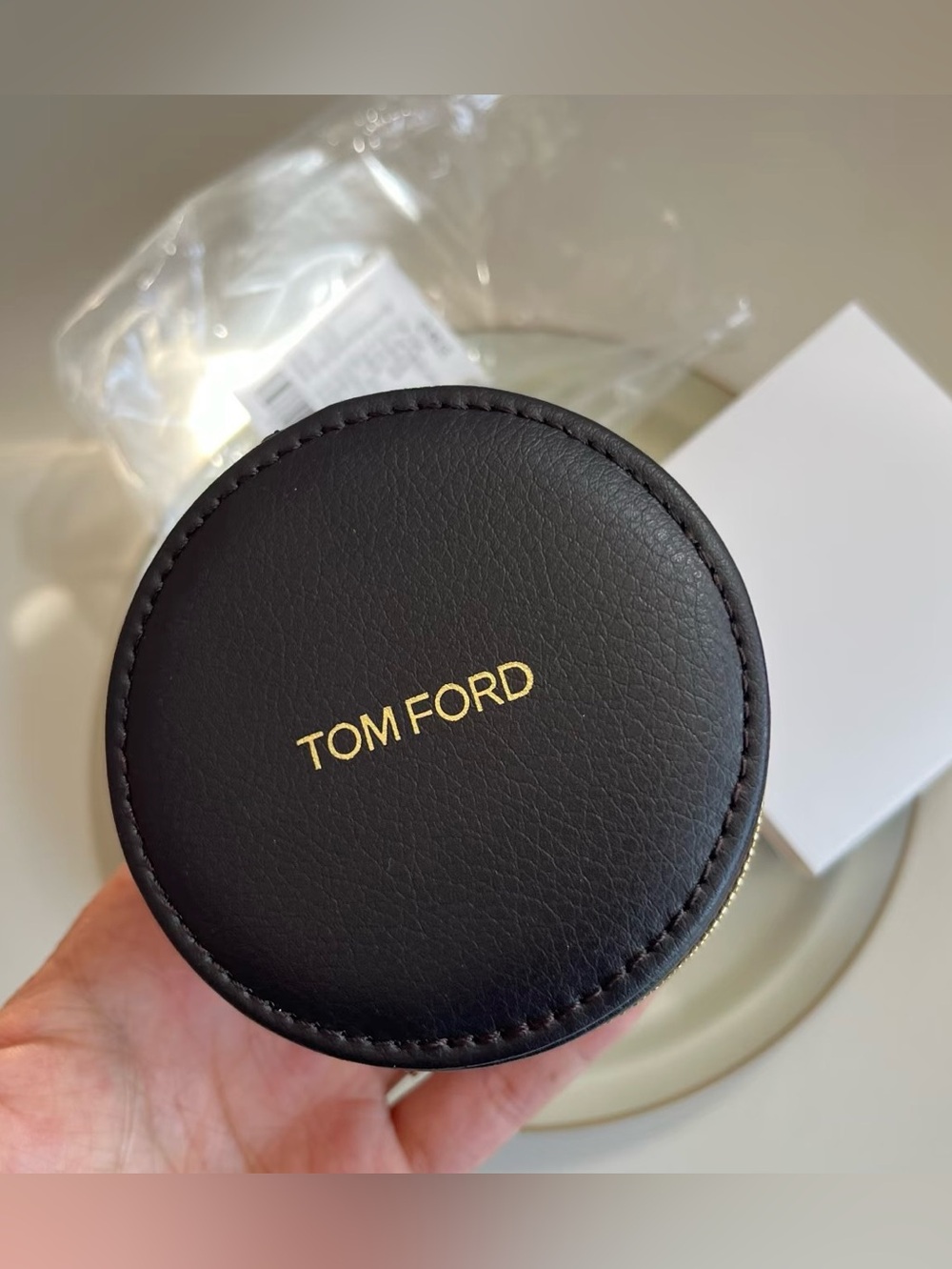Tom Ford Black Round Coin Pouch /Earphone Case/ Cushion Case with Gold Logo